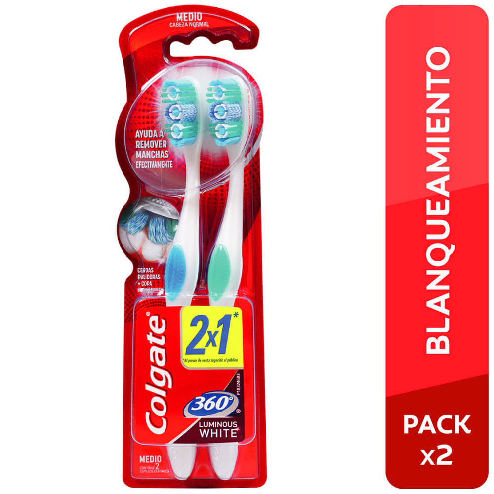Cepillo de Dientes COLGATE 360° Luminous White Medio Paquete 2un