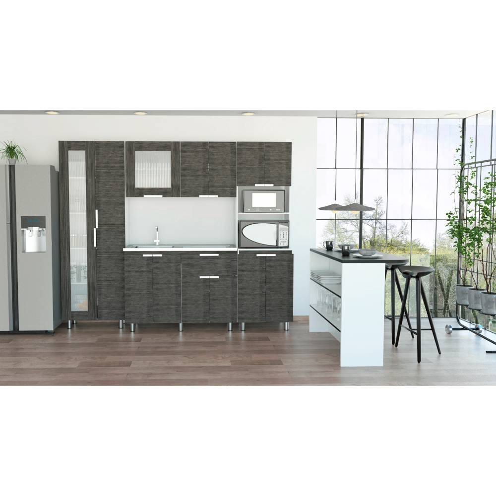 Combo 9 Fendi Muebles + Alacena + Microondas + Barra Auxiliar - Roble Gris/Wengue/Blanco