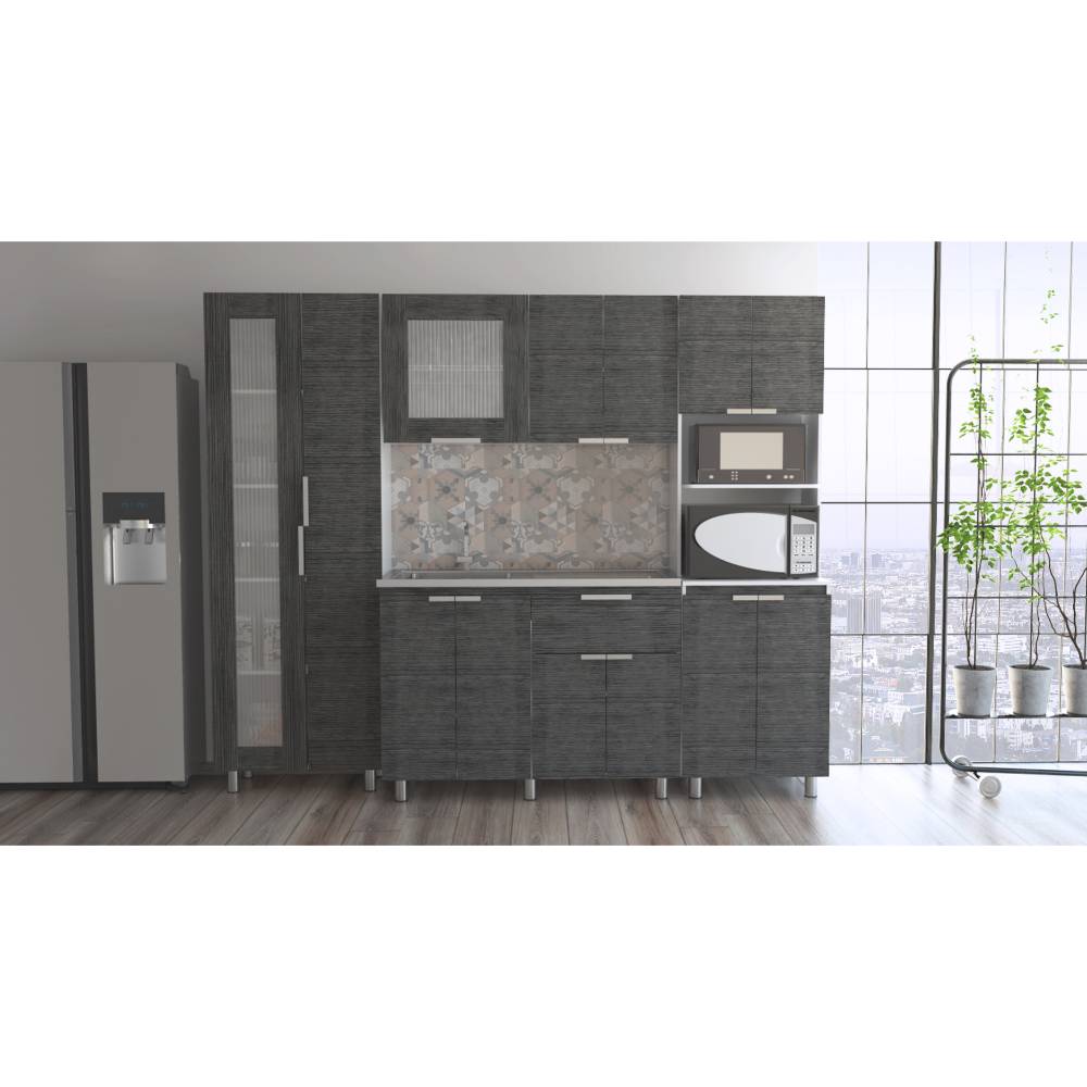 Combo 2 Fendi Muebles Inferior + Superior + Alacena + Microondas - Roble Gris / Blanco