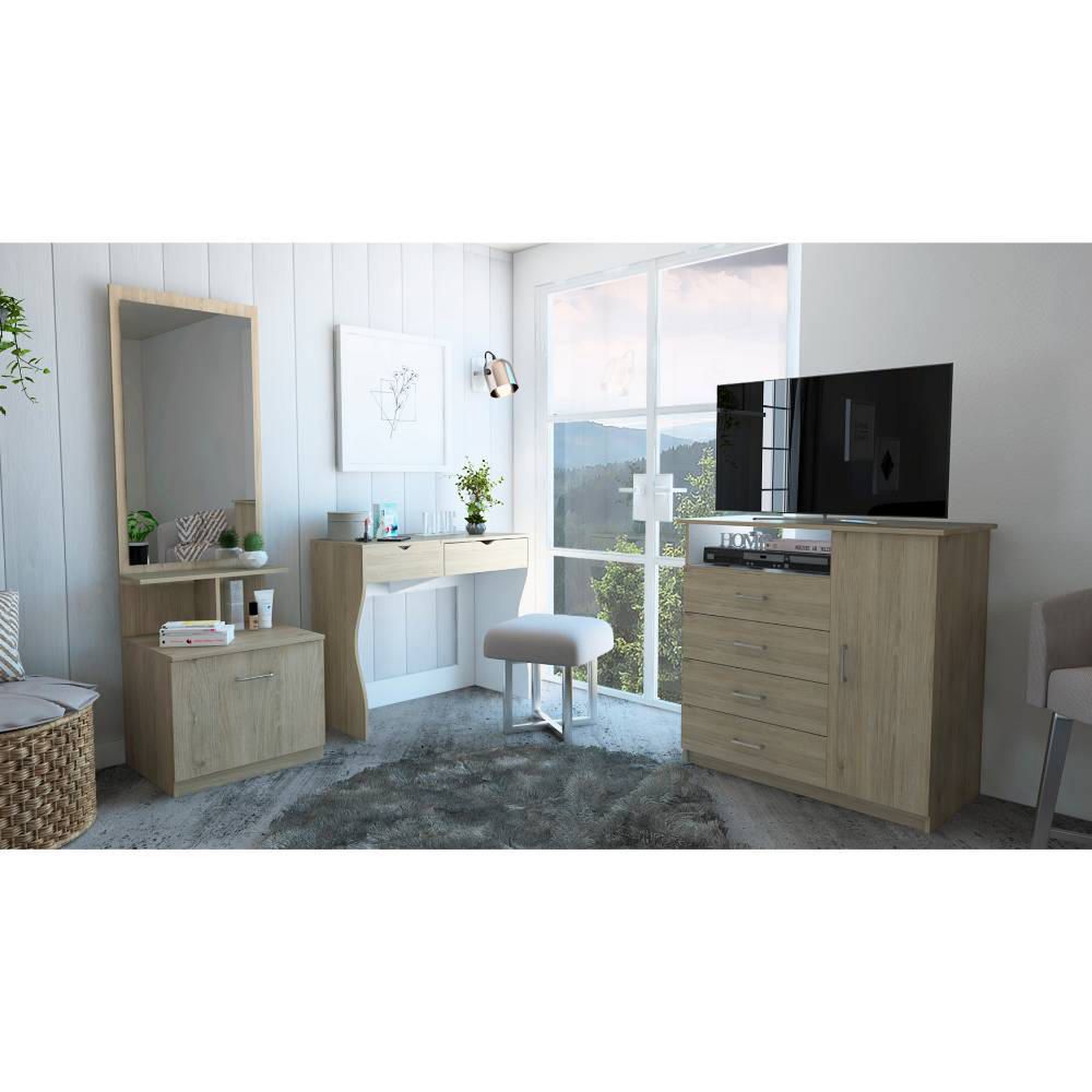 Mueble De Tocador + Velador C.Espejo + Comoda 4C/1P- Rovere / Blanco