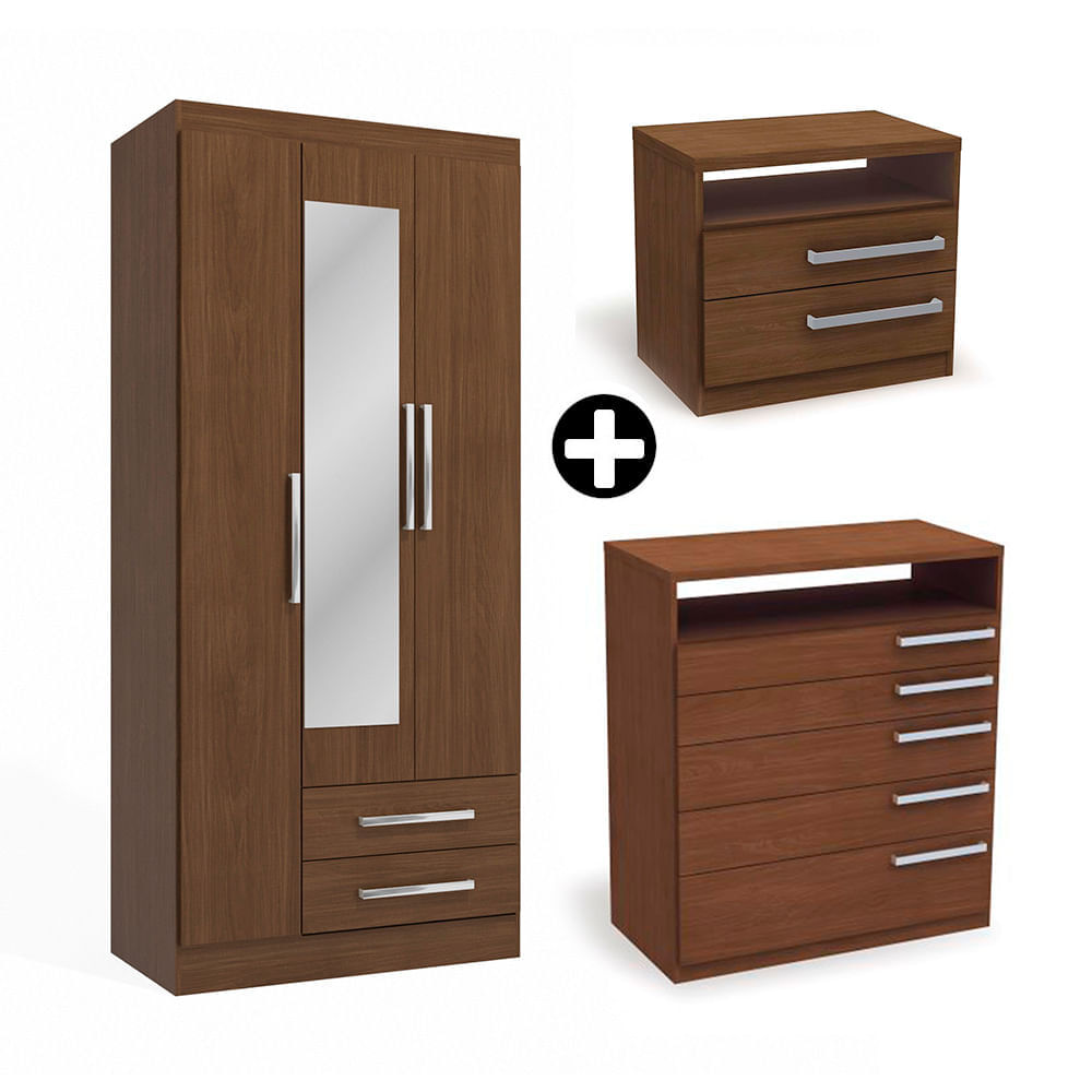COMBO Ropero Capri 3 puertas Jacaranda + Cómoda 5 cajones + Velador 2 cajones