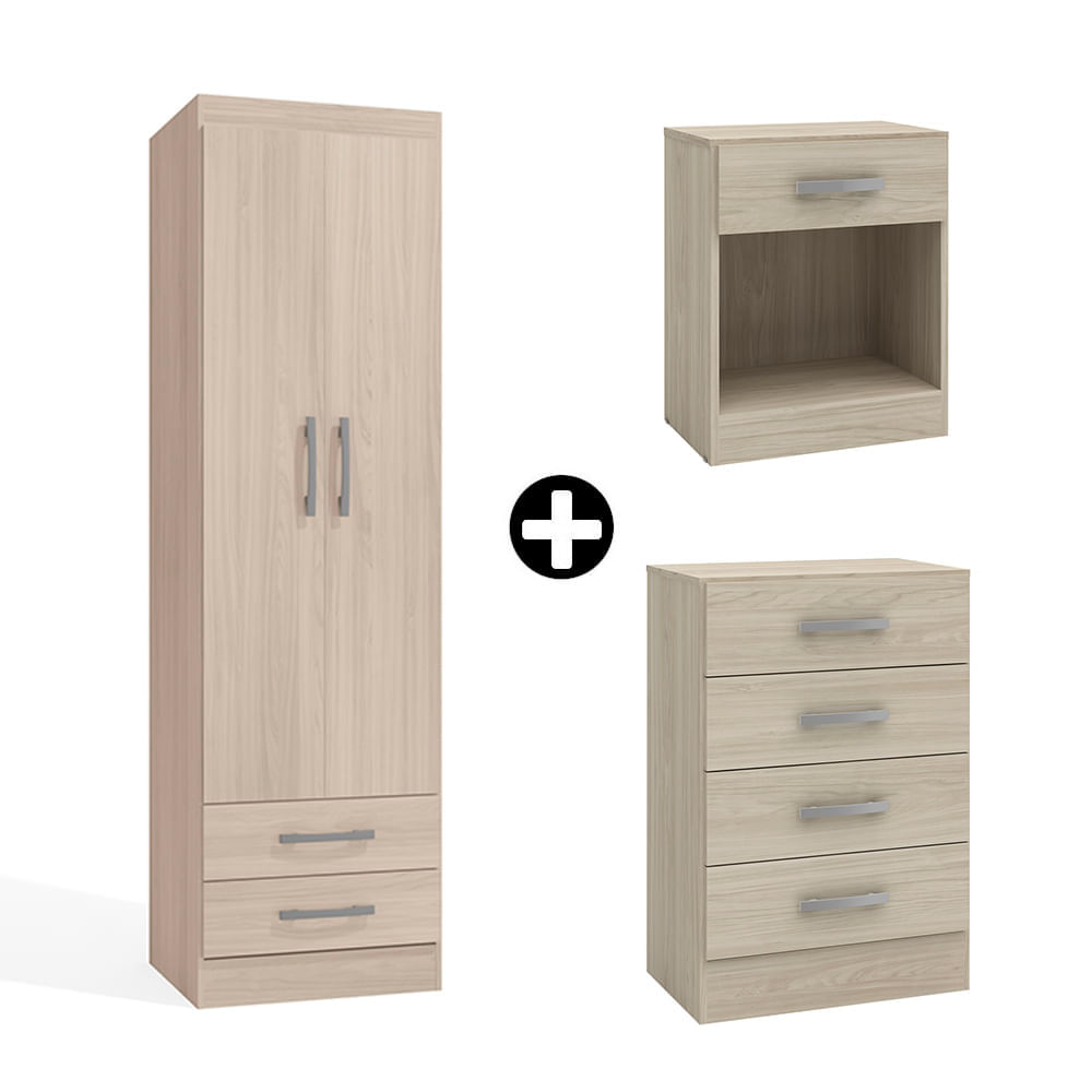COMBO Ropero Cali 2 puertas + Cómoda 4 cajones + Velador 1 cajón Almendra