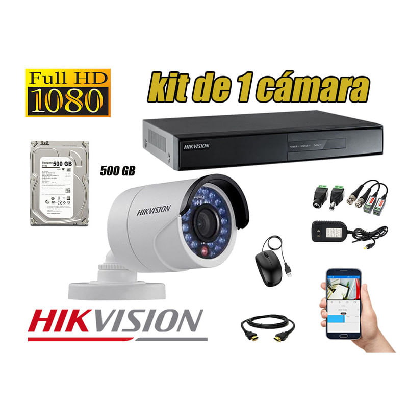 Kit 1 Cámaras de Seguridad Hikvision Full Hd 1080P mas Disco 500Gb Hdmi