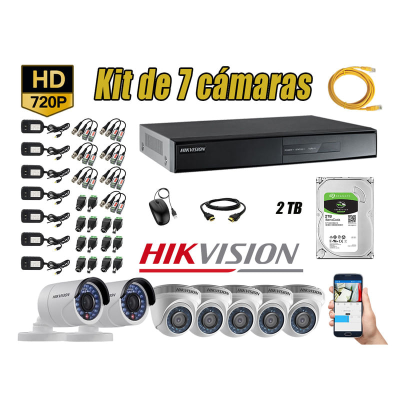 Kit 7 Cámaras de Seguridad Hikvision Hd 720P mas Disco 2Tb Hdmi P2P