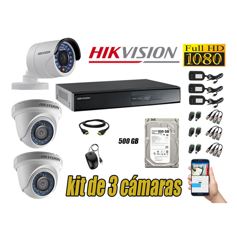 Kit 3 Cámaras de Seguridad Hikvision Full Hd 1080P mas Disco 500Gb Hdmi