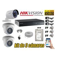 Kit 3 Cámaras de Seguridad Hikvision Full Hd 1080P mas Disco 500Gb Completo