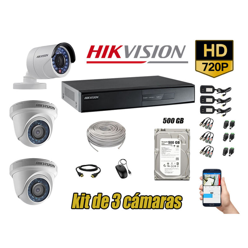 Kit 3 Cámaras de Seguridad Hikvision Hd 720P mas Disco 500Gb Completo P2P