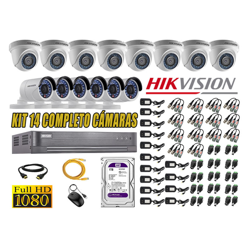 Kit 14 Cámaras de Seguridad Hikvision Full Hd 1080P mas Disco 1Tb Hdmi
