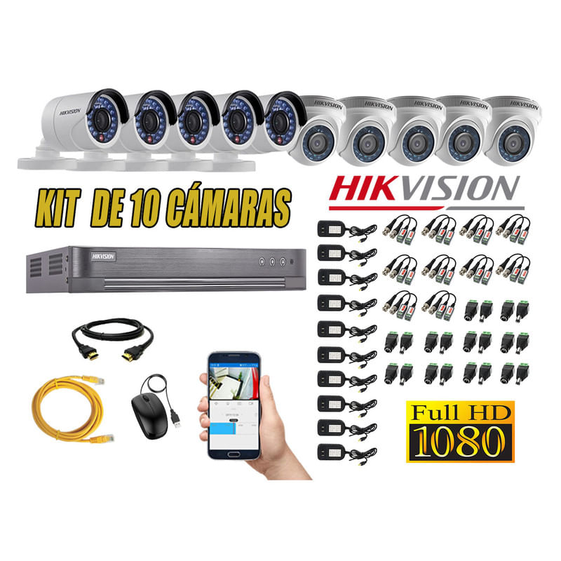Kit 10 Cámaras de Seguridad Hikvision Full Hd 1080P mas Cable Hdmi
