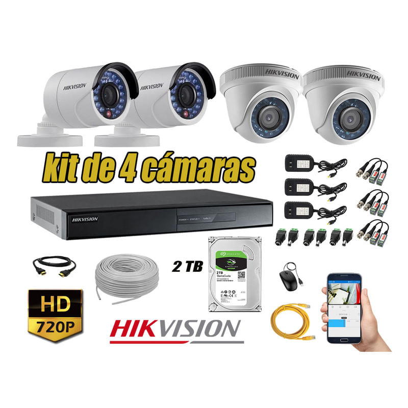 Kit 4 Cámaras de Seguridad Hikvision Hd 720P mas Disco 1Tb Wd Completo P2P