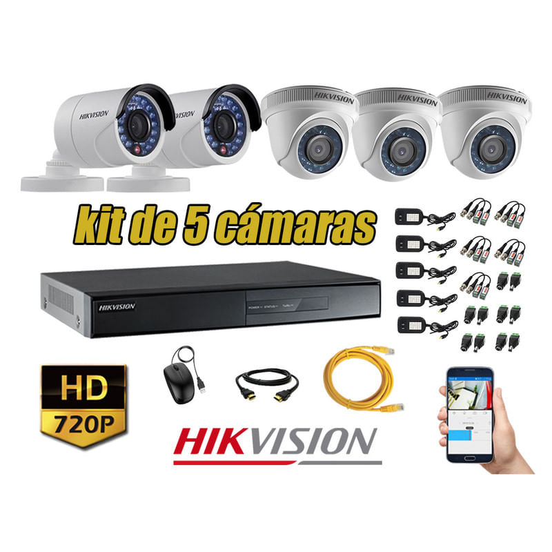 Kit 5 Cámaras de Seguridad Hikvision Hd 720P mas Cable Hdmi P2P