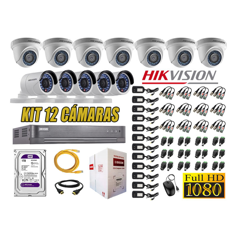Kit 12 Cámaras de Seguridad Hikvision Full Hd 1080P mas Disco 1Tb Completo
