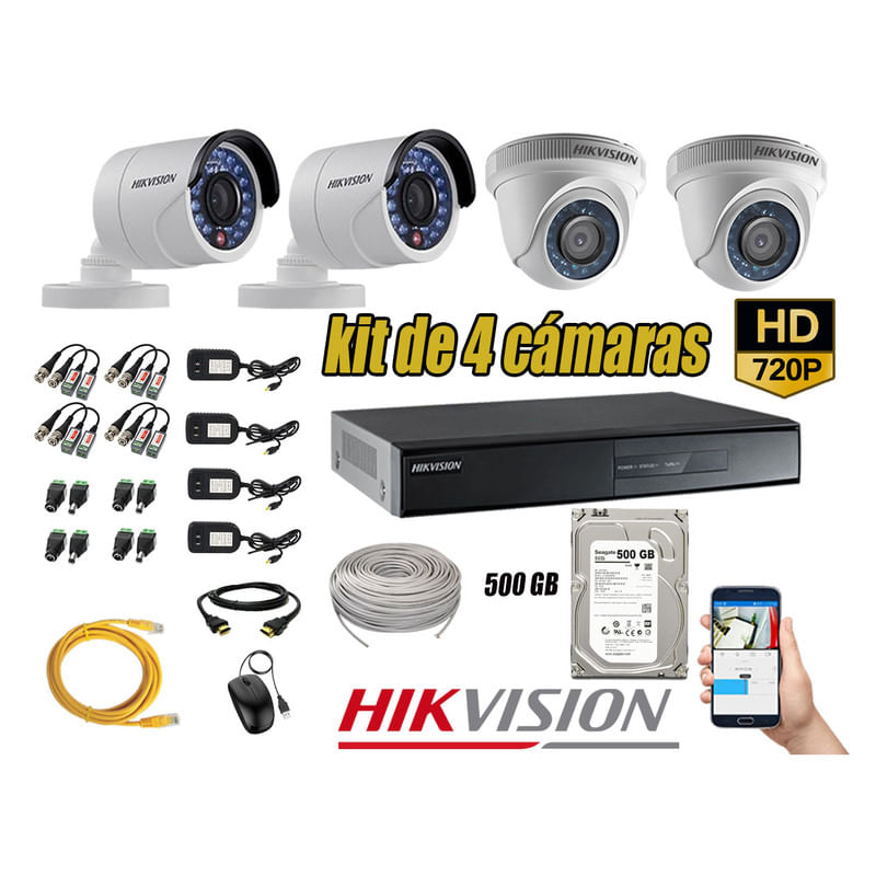 Kit 4 Cámaras de Seguridad Hikvision Hd 720P mas Disco 500Gb Completo P2P