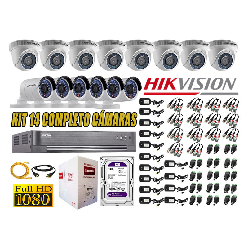 Kit 14 Cámaras de Seguridad Hikvision Full Hd 1080P mas Disco 1Tb Completo