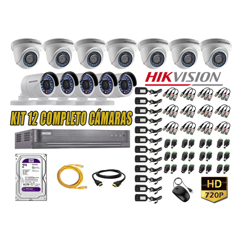 Kit 12 Cámaras de Seguridad Hikvision Hd 720P mas Disco 2Tb Hdmi P2P