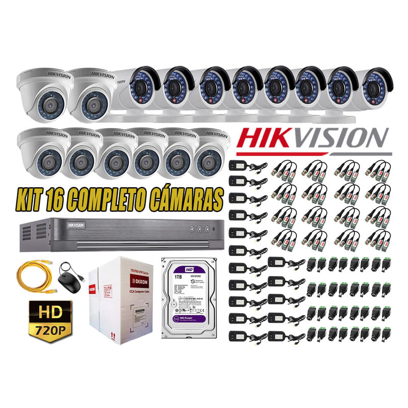 Kit 16 Cámaras de Seguridad Hikvision Hd 720P mas Disco 1Tb Wd Completo P2P