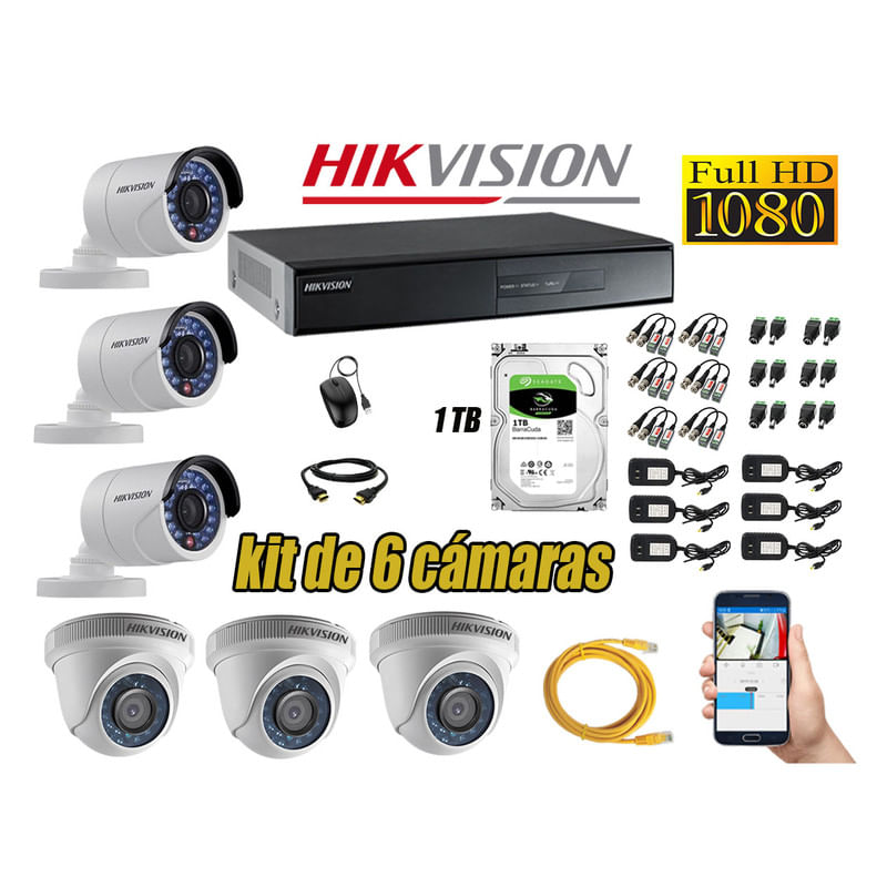 Kit 6 Cámaras de Seguridad Hikvision Full Hd 1080P mas Disco 1Tb Hdmi P2P