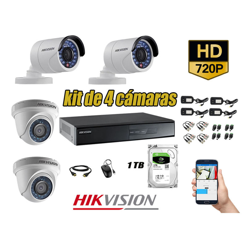 Kit 4 Cámaras de Seguridad Hikvision Hd 720P mas Disco 1Tb Hdmi P2P