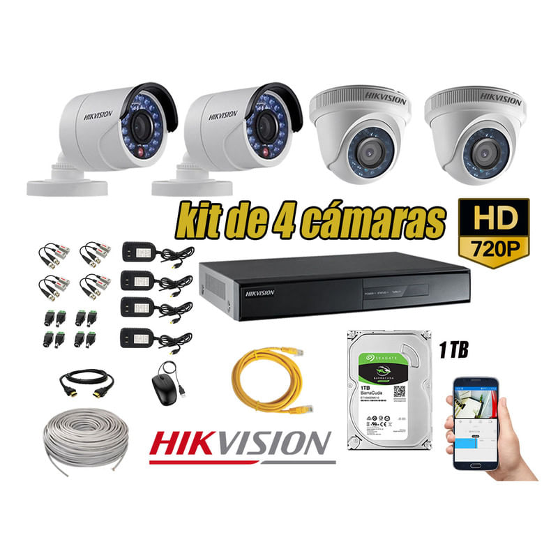 Kit 4 Cámaras de Seguridad Hikvision Hd 720P mas Disco 1Tb Completo P2P