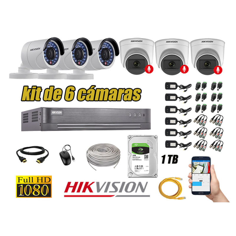 Kit 6 Cámaras de Seguridad Hikvision 3 Camara Audio Incorporado Full HD 2mp