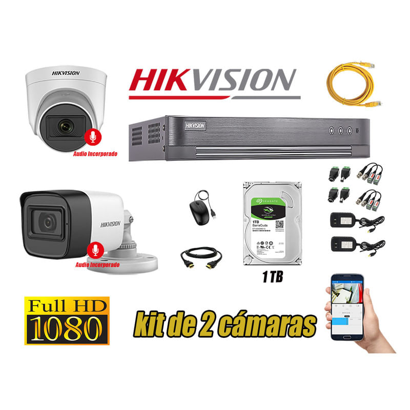 Kit 2 Cámaras de Seguridad Hikvision 2 Camara Audio Incorporado Full HD 1080p