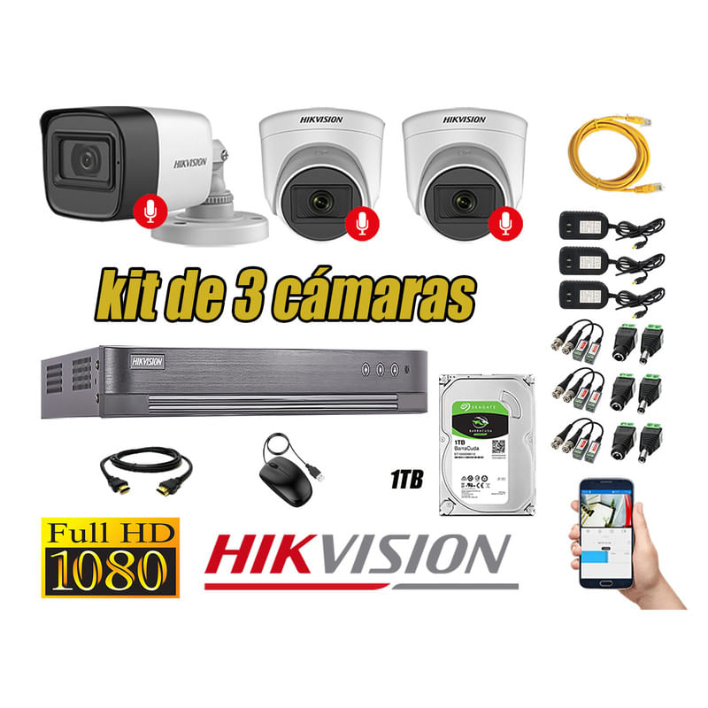 Kit 3 Cámaras de Seguridad Hikvision 3 Camara Audio Incorporado Full HD 1080p