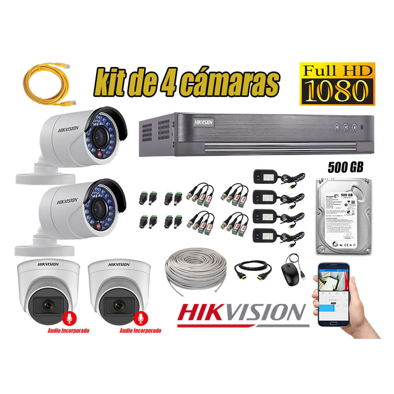 Kit 4 Cámaras de Seguridad Hikvision 02 Camara Audio Incorporado p2p Full HD 2mp