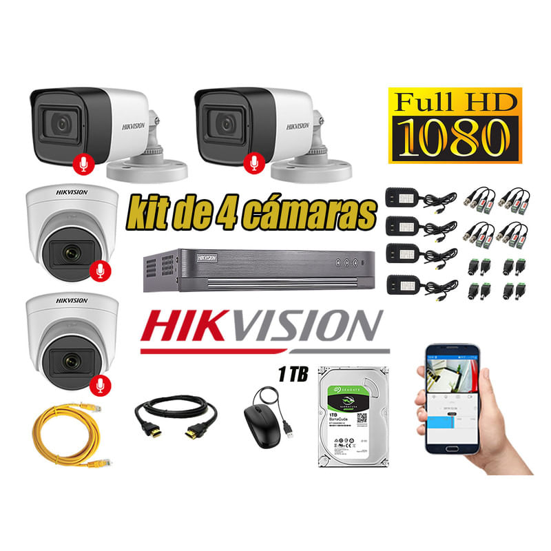 Kit 4 Cámaras de Seguridad Hikvision y Audio Incorporado Full HD 1080p