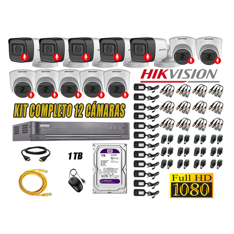 Kit 12 Cámaras de Seguridad Hikvision con Audio Incorporado Full HD 1080p