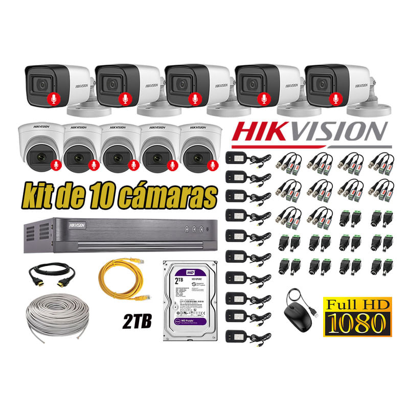 Kit 10 Cámaras de Seguridad Hikvision Audio Incorporado Full HD 2Mp