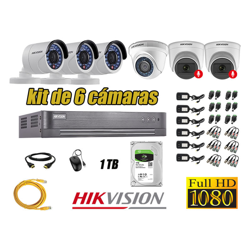 Kit 6 Cámaras de Seguridad Hikvision 2 Camara Audio Incorporado Full HD 1080p