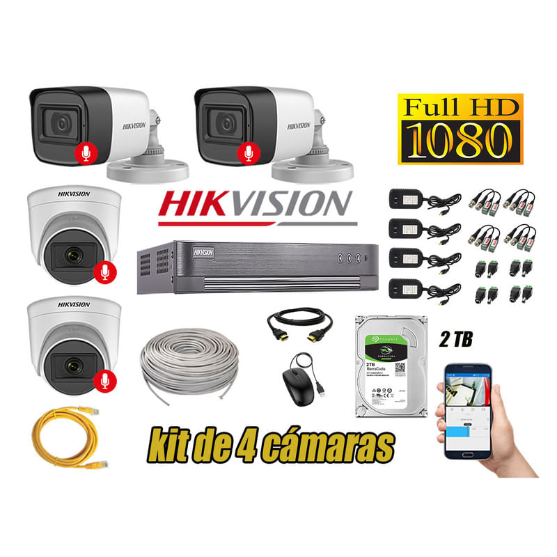 Kit 4 Cámaras de Seguridad Hikvision con Audio Incorporado Full HD 2Mp
