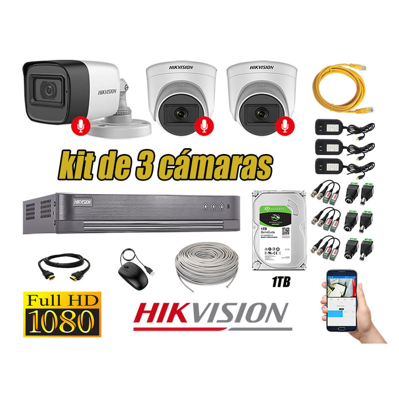 Kit 3 Cámaras de Seguridad Hikvision 03 Camara Audio Incorporado Full HD 2mp