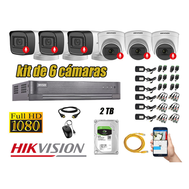 Kit 6 Cámaras de Seguridad Hikvision Audio Incorporado Full HD 1080p