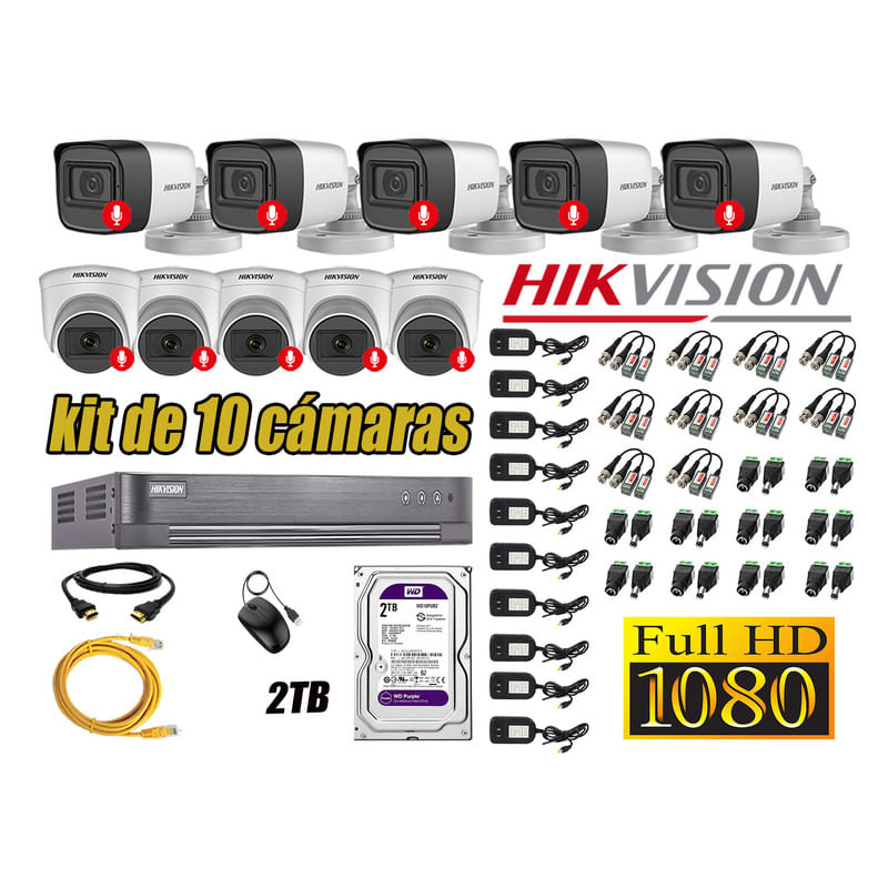 Kit 10 Cámaras de Seguridad Hikvision Audio Incorporado Full HD 1080p