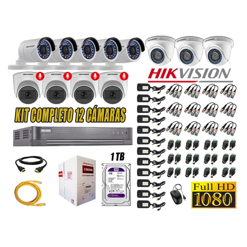 Kit 12 Cámaras de Seguridad Hikvision 4 Camara Audio Incorporado Full HD 2mp