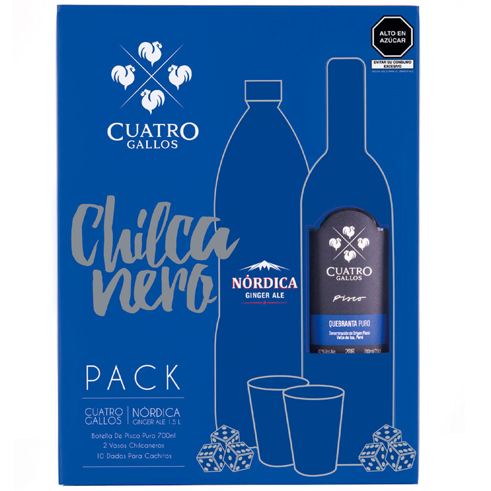 Pack Pisco Quebranta CUATRO GALLOS Botella 700ml + Gaseosa Nórdica Botella 1.5L + Vaso + Dados