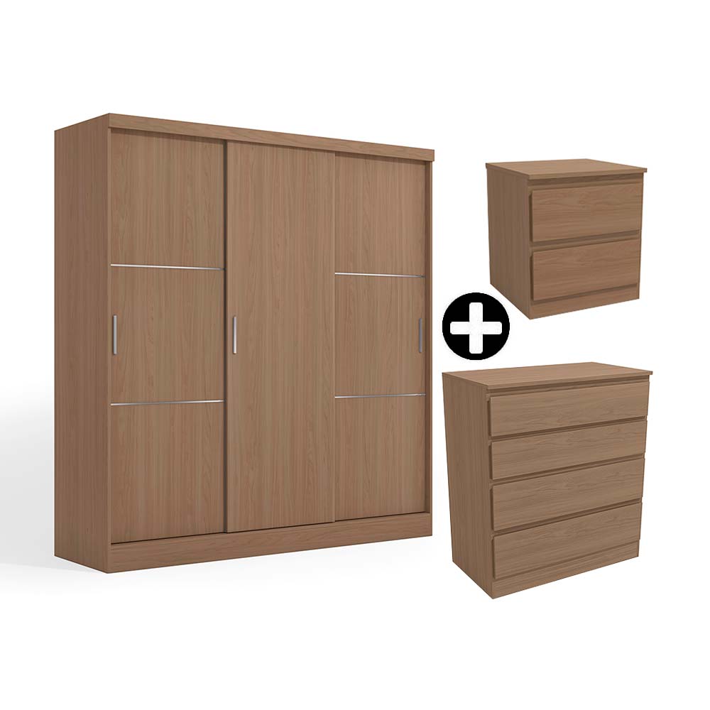 COMBO Ropero 3 puertas + Cómoda 4 cajones + Velador Roma 2 cajones sin tirador Nature