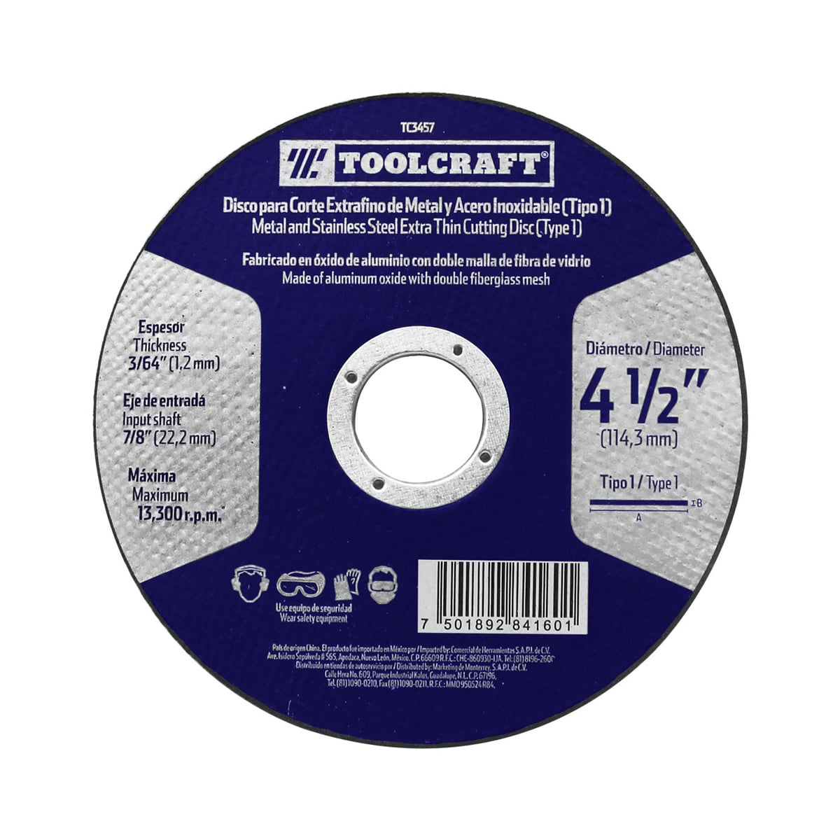 Disco de Corte Extrafino Metal y Acero 4-1/2"" Toolcraft TC3456