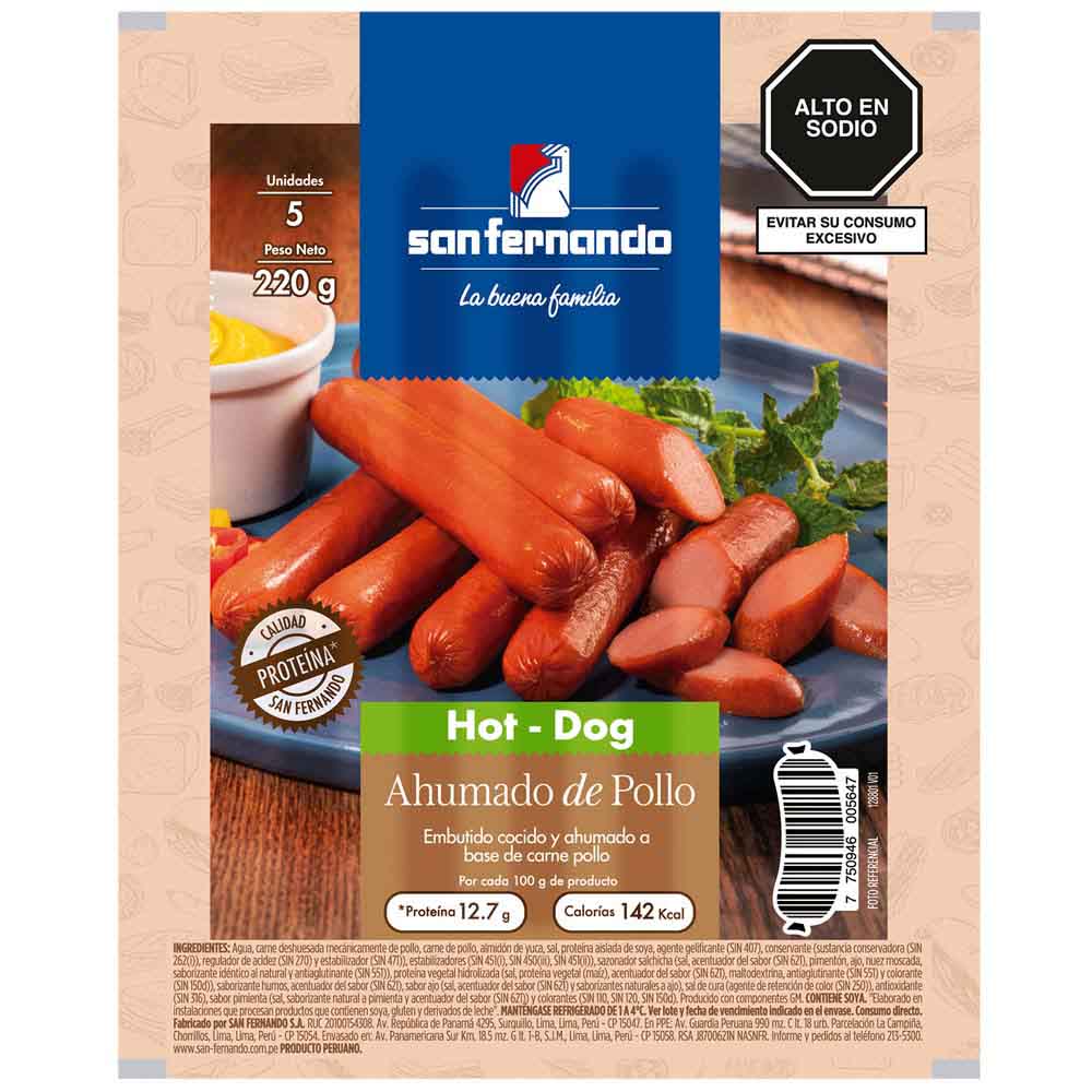 Hot Dog Ahumado de Pollo SAN FERNANDO Paquete 220g