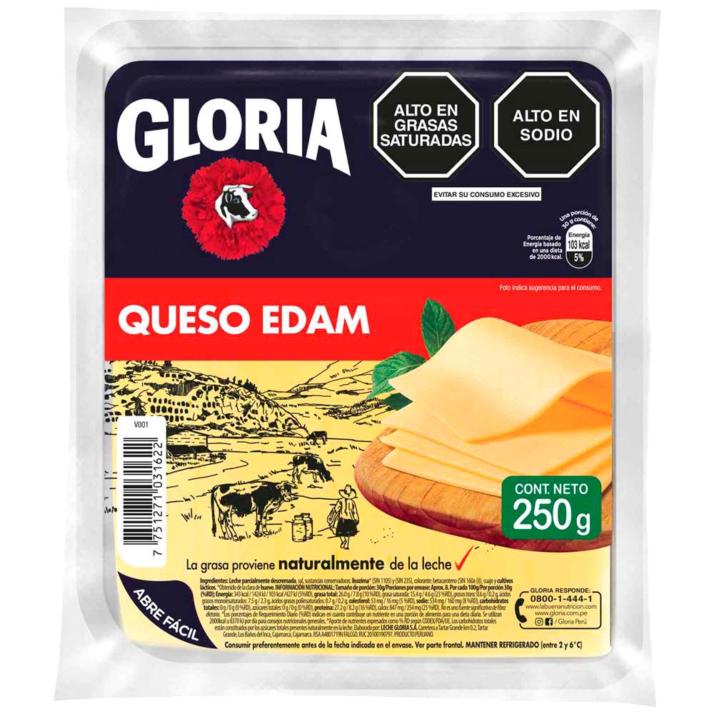 Queso Edam Tajadas GLORIA Paquete 250g