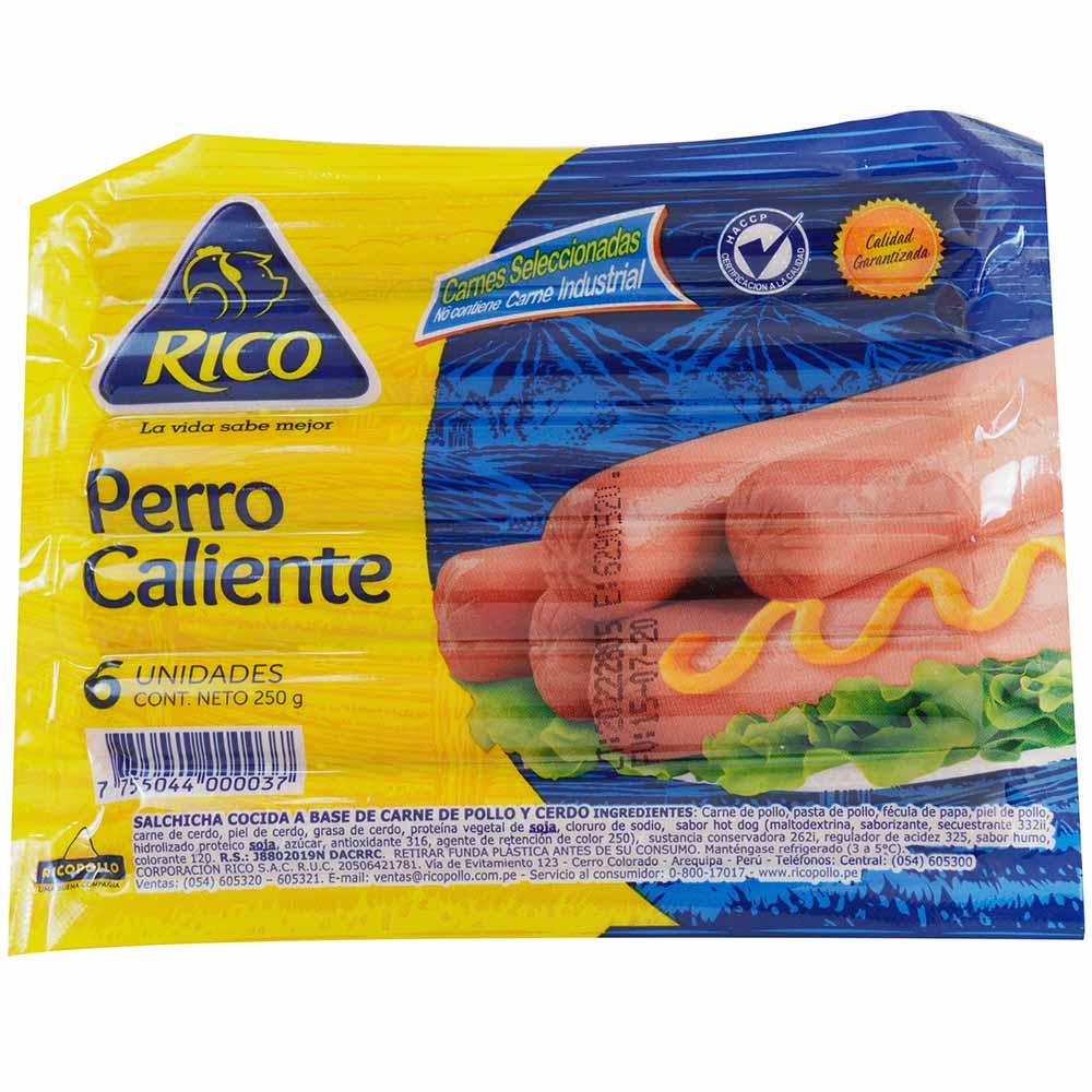 Salchicha de Pollo y Cerdo RICO POLLO Perro Caliente Paquete 250g