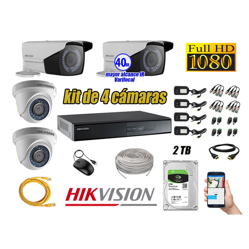 Kit 4 Cámaras de Seguridad Hikvision Full Hd 1080P mas Disco 2Tb Mayor Alcance Varifocal P2p