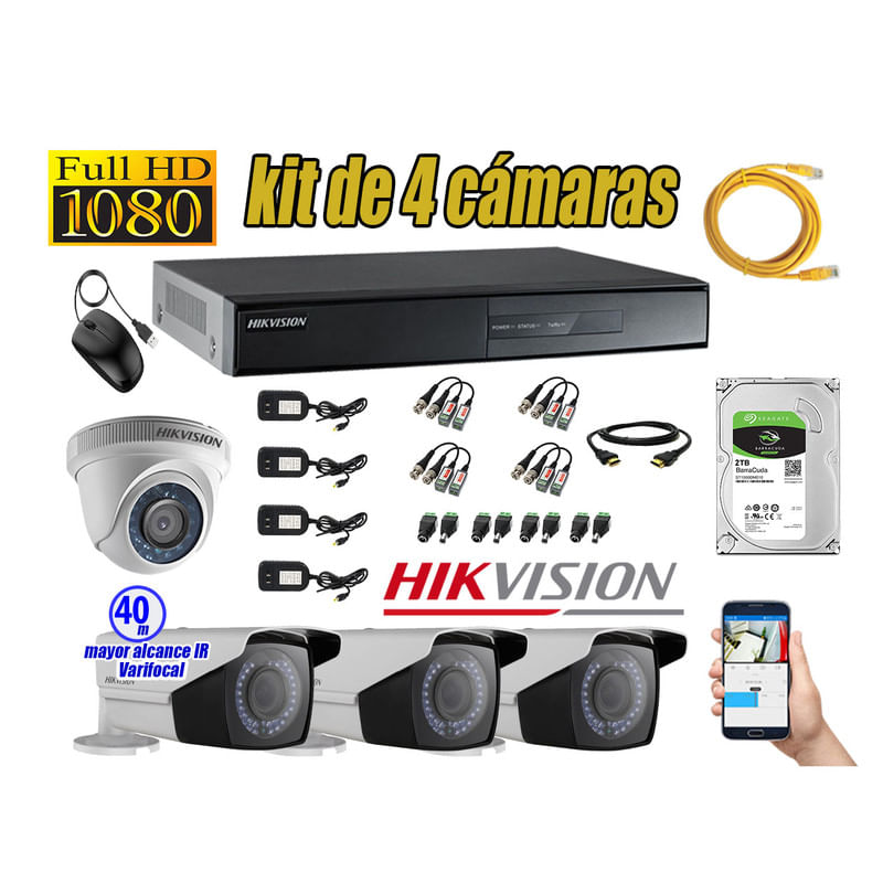 Kit 4 Cámaras de Seguridad Hikvision Full Hd 1080P mas Disco 2Tb Mayor Alcance Varifocal