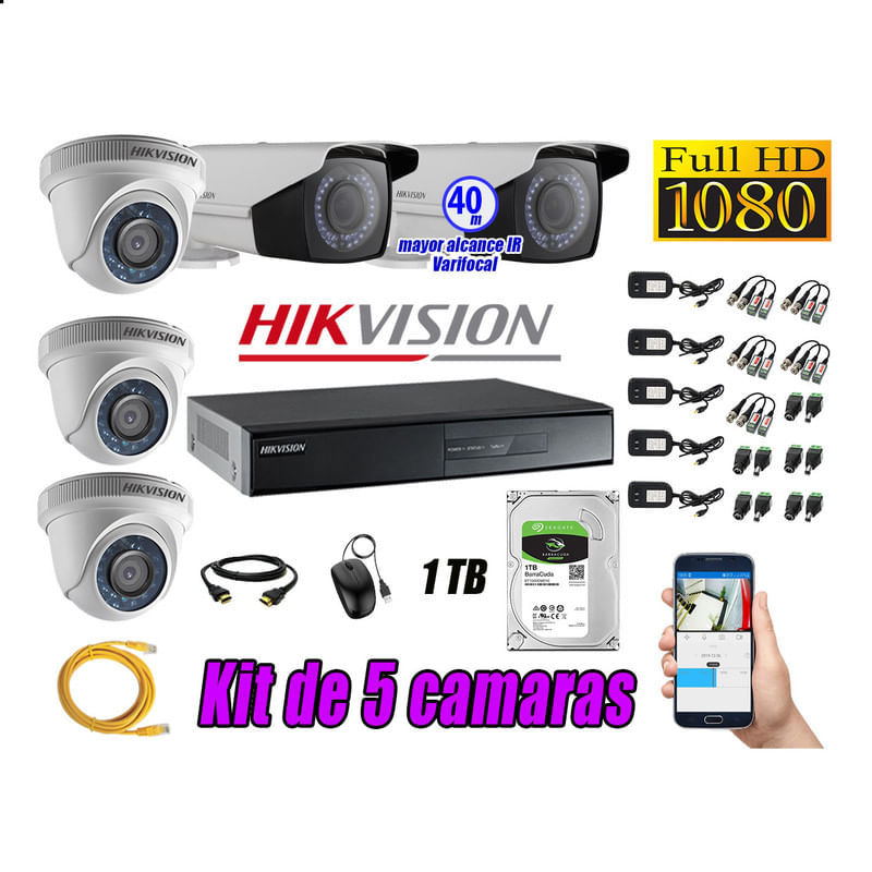 Kit 5 Cámaras de Seguridad Hikvision Full Hd 1080P mas Disco 1Tb Mayor Alcance Varifocal P2p