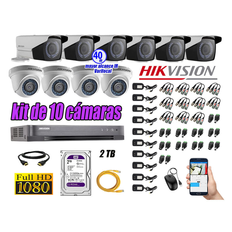 Kit 10 Cámaras de Seguridad Hikvision Full Hd 1080P Disco 2Tb Mayor Alcance Varifocal