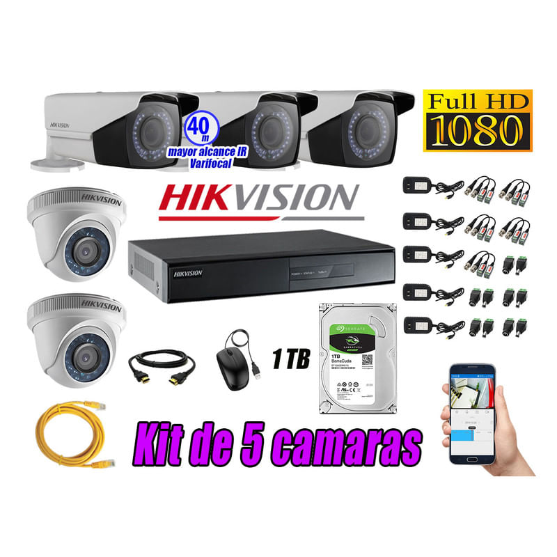Kit 5 Cámaras de Seguridad Hikvision Full Hd 1080P mas Disco 1Tb Mayor Alcance Varifocal