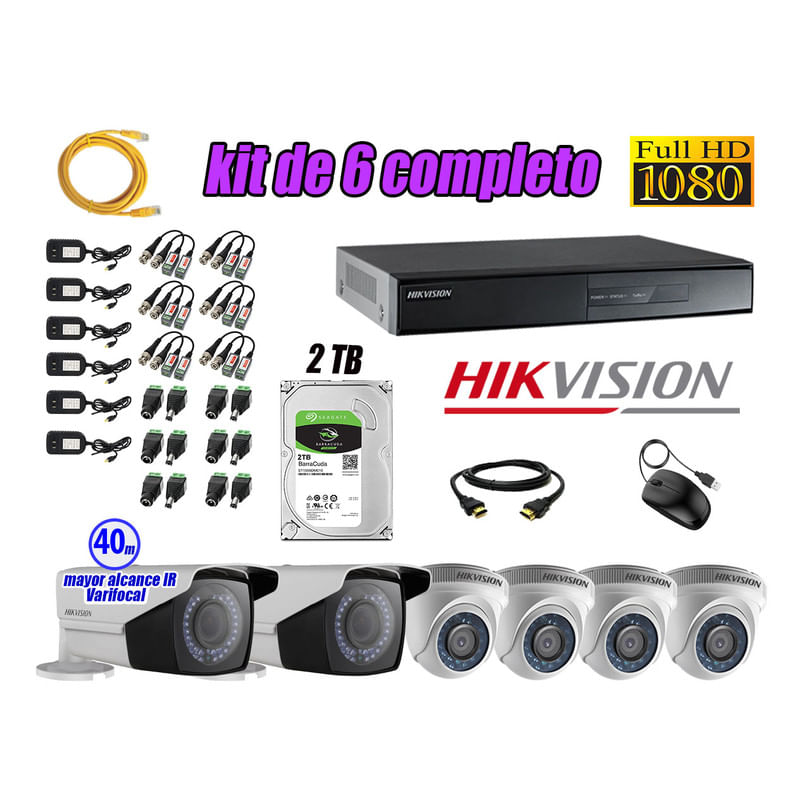 Kit 6 Cámaras de Seguridad Hikvision Full Hd 1080P mas Disco 2Tb P2p Mayor Alcance Varifocal Ip66
