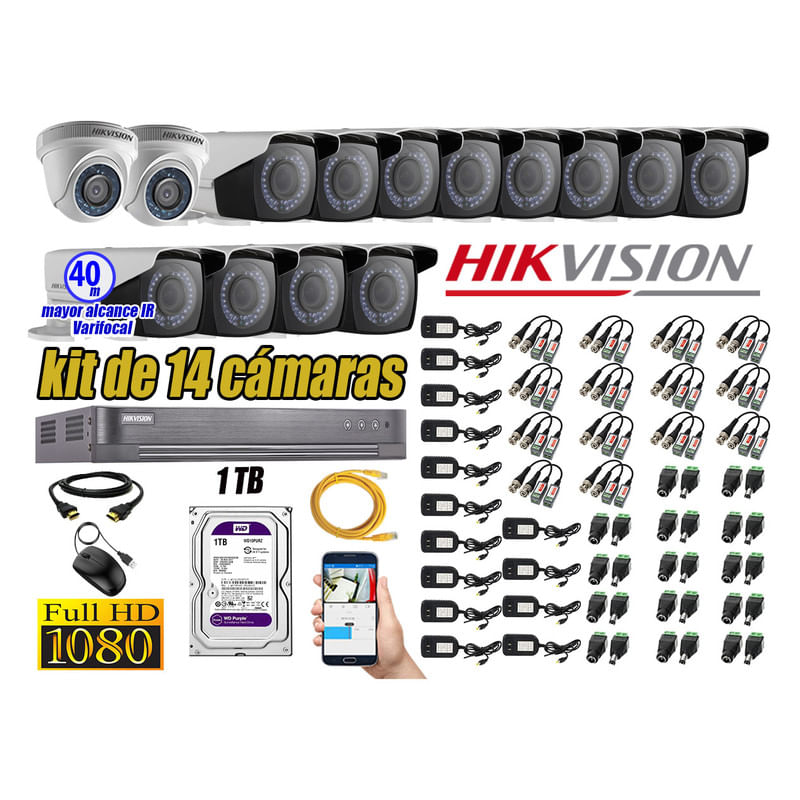 Kit 14 Cámaras de Seguridad Hikvision Full Hd 1080P mas Disco 1Tb Mayor Alcance Varifocal Ip66
