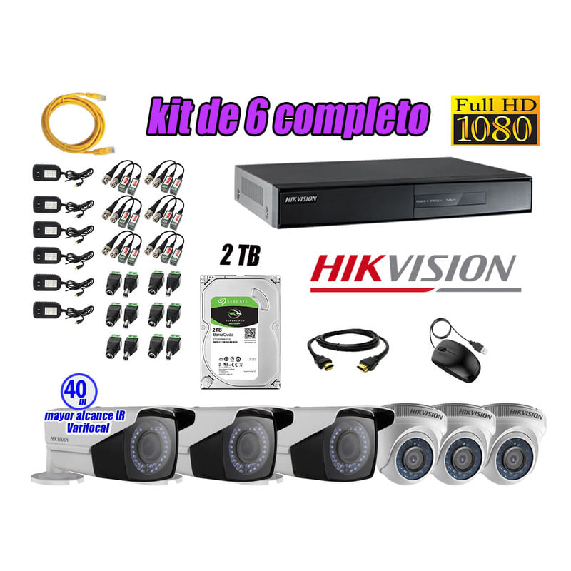 Kit 6 Cámaras de Seguridad Hikvision Full Hd 1080P Disco 2Tb Mayor Alcance Varifocal Ip66